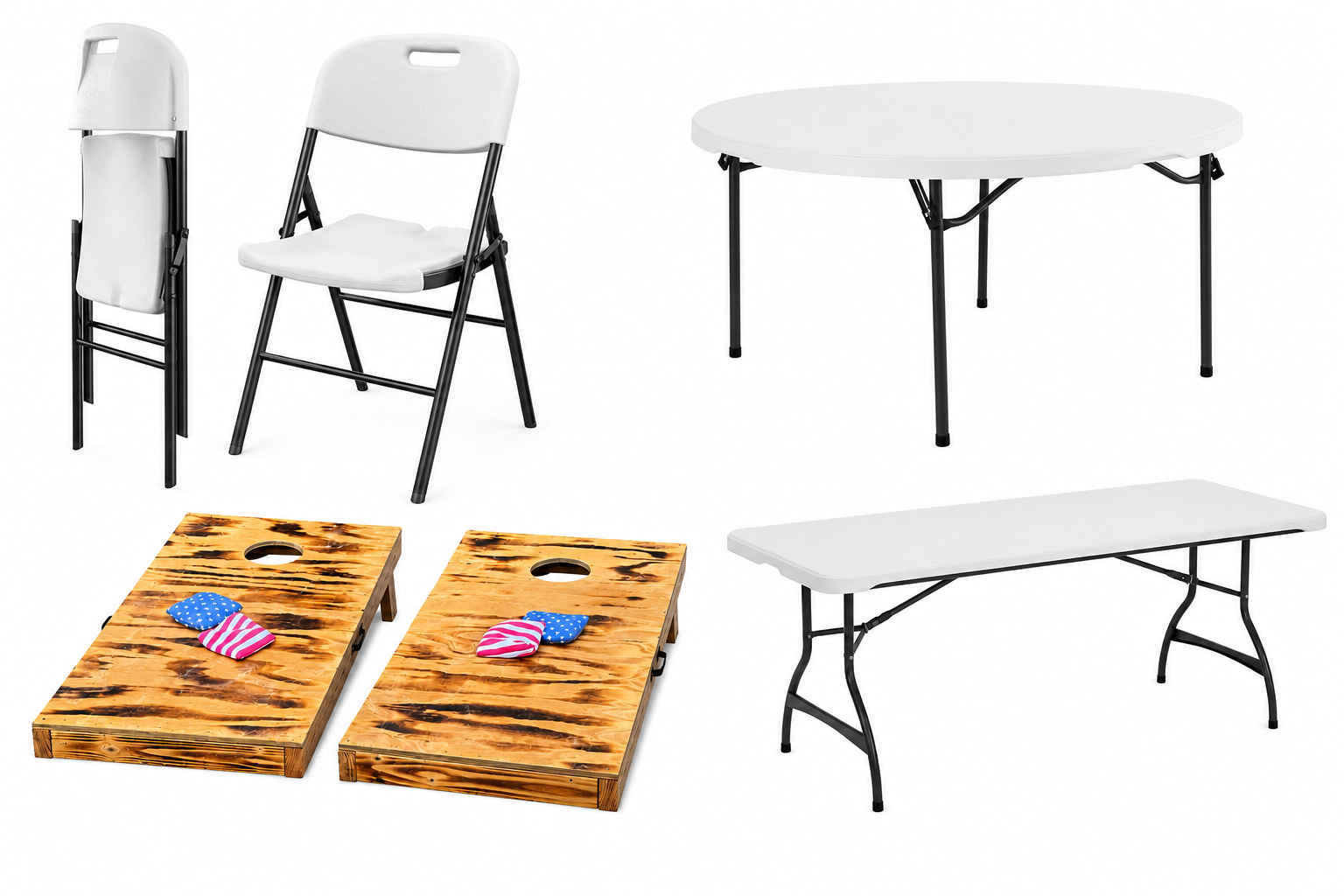 Backyard package with tables, chairs, and corn hole boards