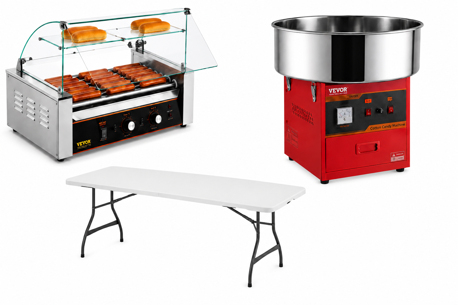 Concession package with hot dog roller, cotton candy machine, and folding table