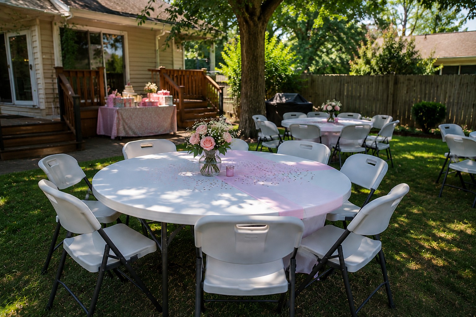 Outdoor event setup with white folding chairs and round tables