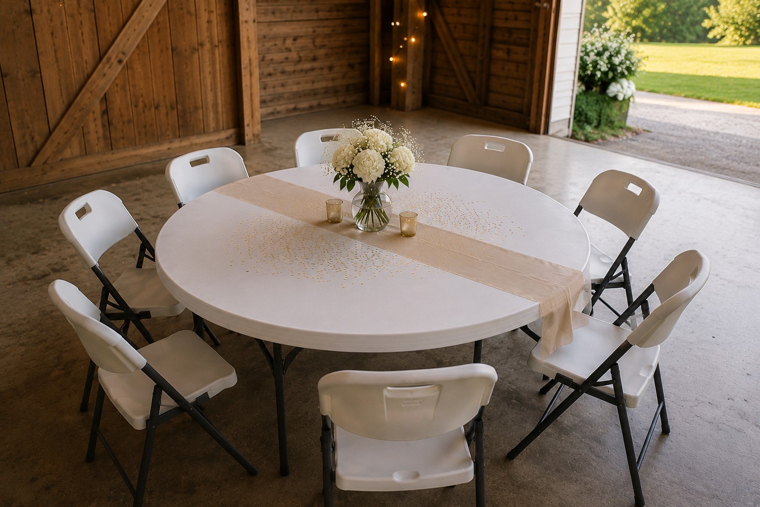 Barn event setup with white folding chairs and round table