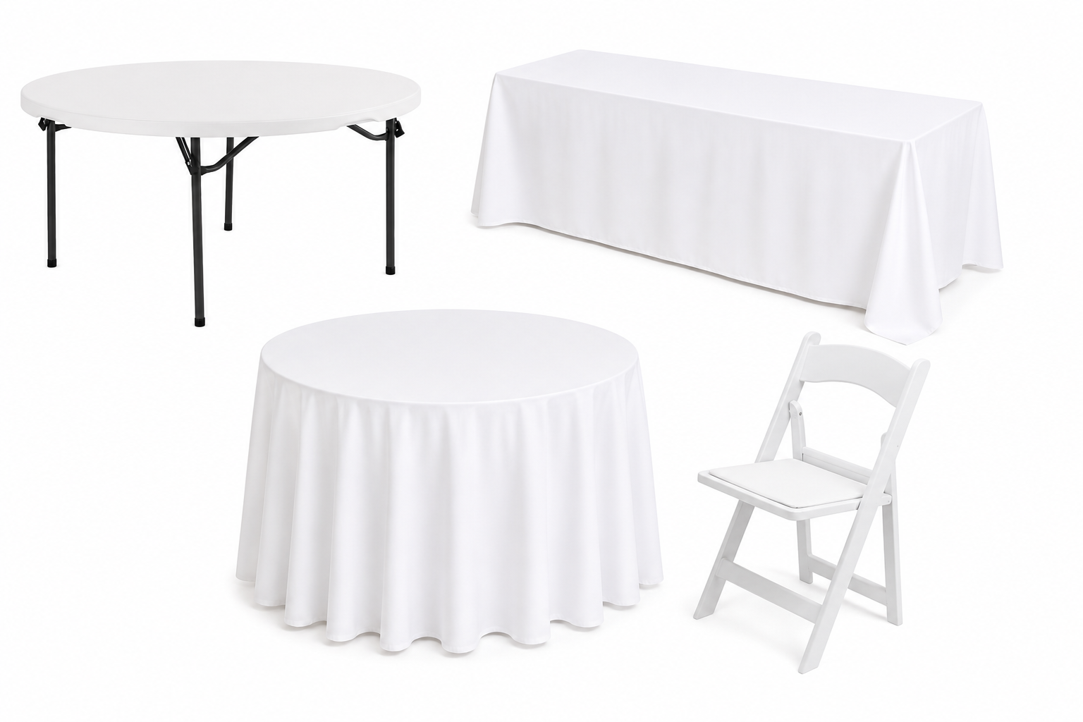 Wedding package with tables, tablecloths, and white chairs